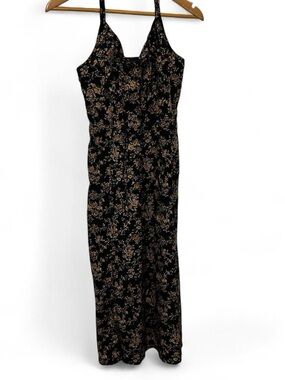 Sason Black Floral Midi Slip Dress Womens L Floral Print Dark Cottagecore 90s